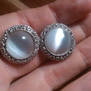 Cat's Eye Floral Design Clip-On Silvertone Earrings
